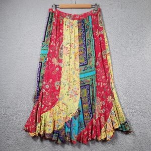 Boho Patchwork Maxi Skirt Womens Medium Elastic Waist Mixed Pattern Ruffle Flowy